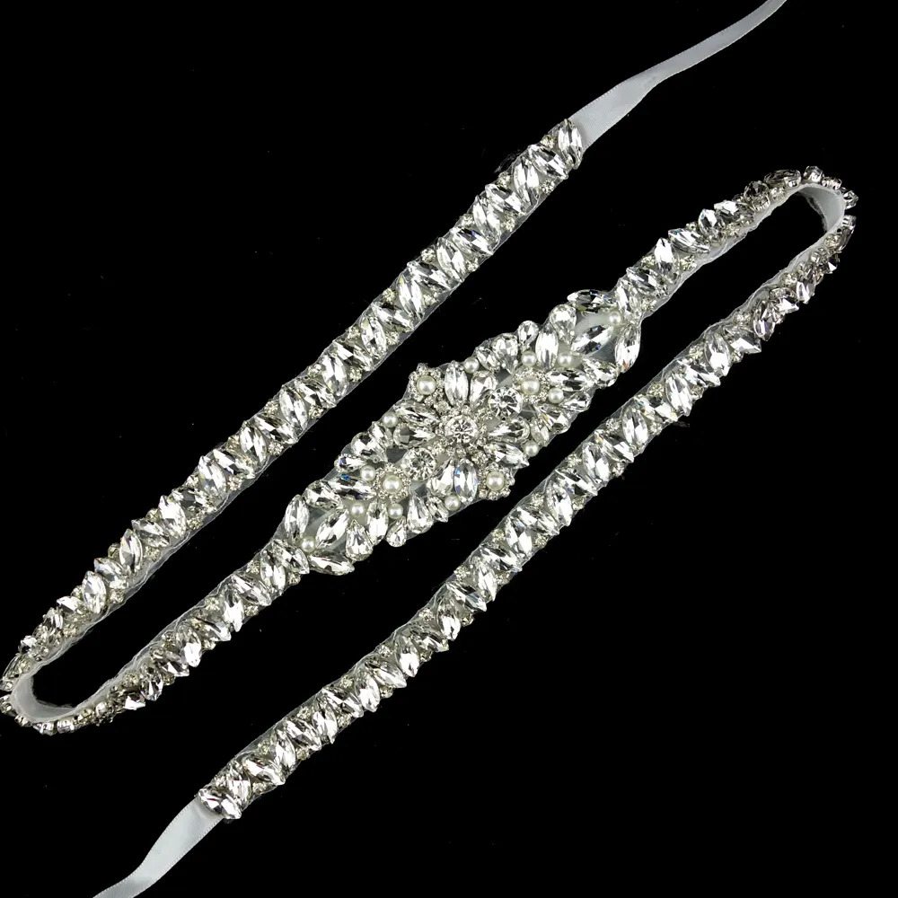 extra long stunning silver rhinestone and pearl trim crystal bridal wedding belt