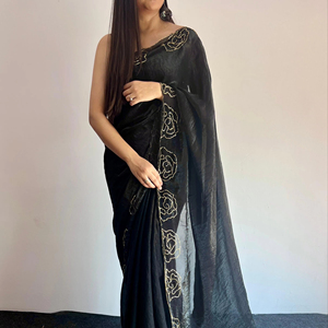 Superbe saree en soie spatiale avec un travail de séquence incroyable de 3 mm et Cutdana sur les deux frontières pour les fêtes - Product Image 1