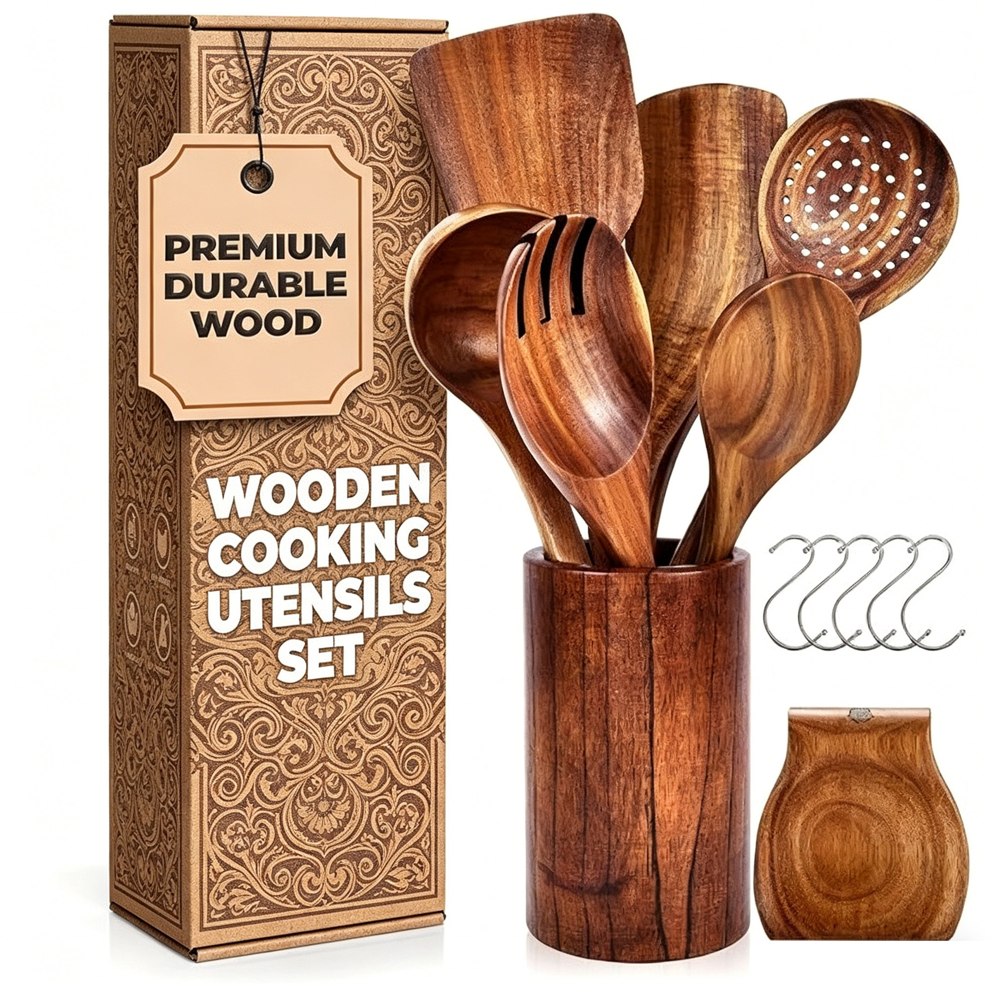 Wooden Utensils Set for Cooking Acacia Teak Spatula 9-piece Kitchenware Set Non-stick Wooden Cooking Set Spoon Stick