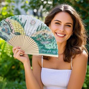 Ventilateur à main pliant en bois de 23cm écologique de haute qualité avec tissu en polycoton pour la vente d'artisanat en bois - Product Image 2
