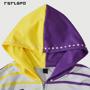 Sudadera con capucha Y2K a rayas bordada con cremallera, mangas con pedrería y estampado de llamas, corte regular, 100% algodón, marca de moda de etiqueta privada - Product Image 3