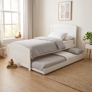 Cadre de lit gigogne élégant avec sommier coulissant supplémentaire – Rails à glissement fluide, style moderne et gain de place (Blanc/Noir) - Product Image 1
