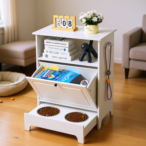 สถานีให้อาหารสัตว์เลี้ยงไม้สไตล์โมเดิร์น พร้อมชามยกสูงและตู้เก็บของสำหรับใช้ภายในอาคาร - Product Image 2