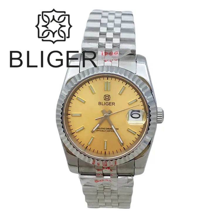 BLIGER 36mm/39m NH35A orologio automatico da uomo due tonalità oro scanalato lunetta braccialetto giubileo indice romano oro Dia vetro zaffiro