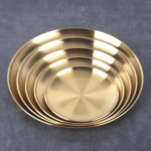 Assiette coréenne en acier inoxydable 304 poli couleur or, compatible <span class=keywords><strong>micro</strong></span>-ondes, ronde, à fond plat, peu profonde, pour fruits, gâteaux et grillades - Product Image 1