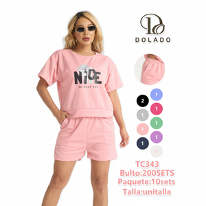 Dolado Set di pantaloncini da donna in 2 pezzi, cotone stampato, girocollo, vestibilità ampia, casual, primavera estate, traspirante, sopra il ginocchio, manica corta - Product Image 1