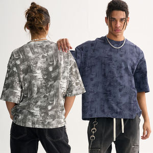 Hot Retro Inspirado Denim Look 100% Algodón Recortado Boxy Distressed Heavyweight 260 Gsm Camiseta de gran tamaño para hombres - Product Image 3