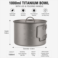 Grand pot de camping en titane pur de 1000 ml avec couvercle - Bol de cuisson extérieur grande capacité avec poignée pliable - Vente en gros OEM/ODM