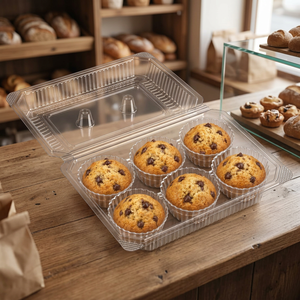 Boîte à charnière rectangulaire en PET transparente, inviolable, de qualité alimentaire, capacité 6 pièces, pour muffins, gamme spécialisée, vente en gros - Product Image 4