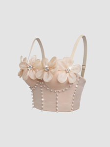 Vêtements pour femmes, soutien-gorge corset sans bretelles sophistiqué avec strass floraux 3D, crop top tendance - Product Image 4