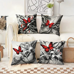 Des papillons rouges et des lys ornent des coussins décoratifs élégants noirs et blancs, ajoutant un charme festif au salon confortable. - Product Image 2