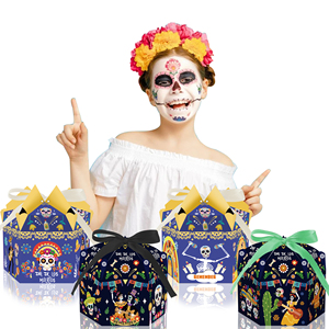 Huancai Day of The Dead Cupcake Candy Treat Boxes con cinta Dia <span class=keywords><strong>De</strong></span> Los <span class=keywords><strong>Muertos</strong></span> Paper Gift Goody Box para suministros <span class=keywords><strong>de</strong></span> fiesta mexicanos - Product Image 5