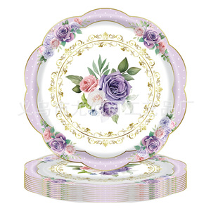 Assiettes en papier jetables à thème floral, design classique rond, pour les occasions de goûter, série rose, jaune, bleu - Product Image 5