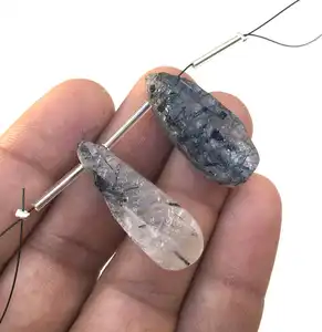 ธรรมชาติสีดำ Rutile พลอยที่ไม่ซ้ำกัน2ชิ้นลูกแพร์รูปร่างขนาดใหญ่ได้รับการรักษาหยาบทำให้ต่างหูจี้ที่สวยงาม - Product Image 1