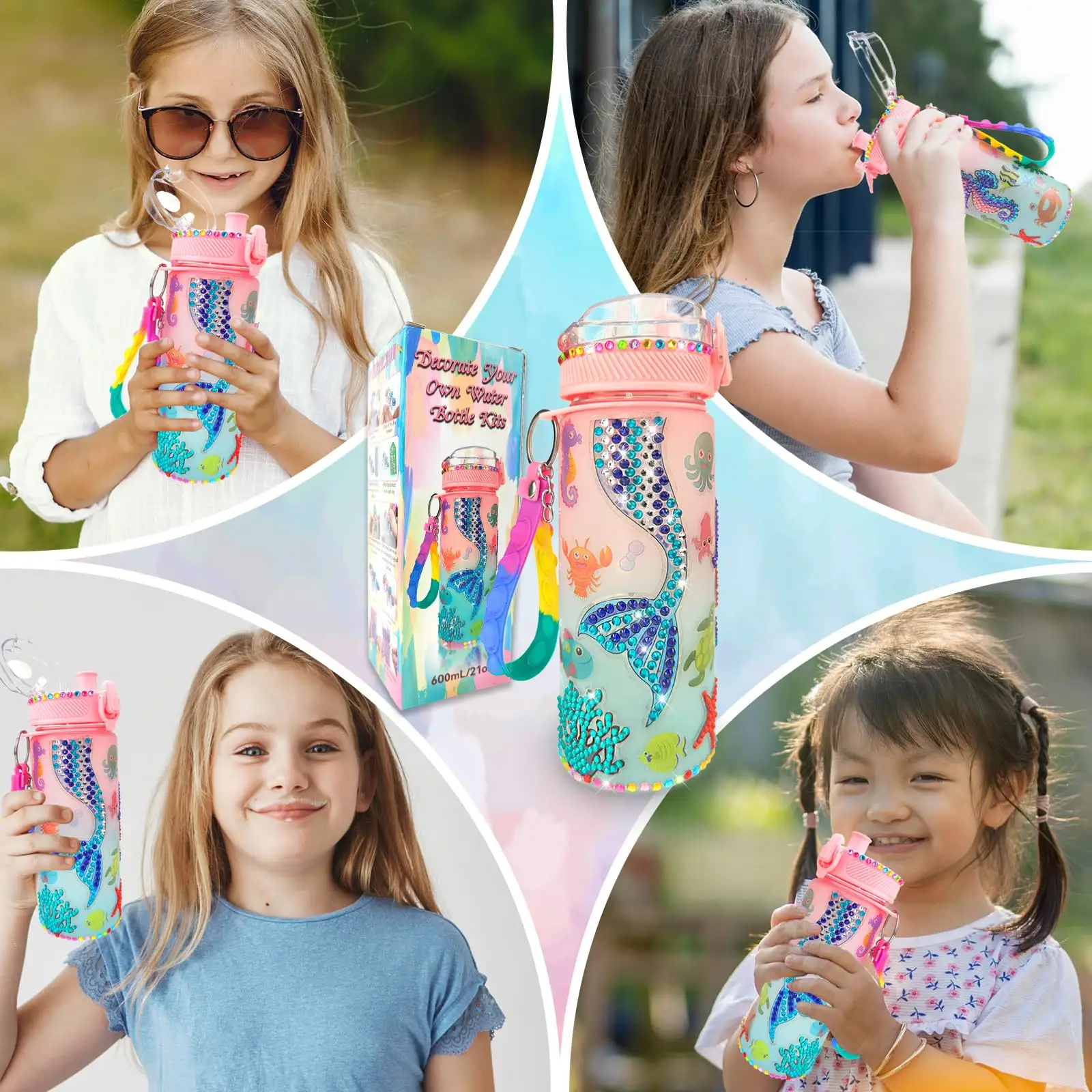 Dekorieren Sie Ihre eigenen Wasserspender-Kits Meerjungfrau Edelstein Malerei Kunsthandwerk Spaß Kunsthandwerk Geschenke Spielzeug für Mädchen Geburtstag
