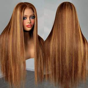 Perruque en cheveux humains longs, lisses, sans colle, pour Lace Front, couleur <span class=keywords><strong>orange</strong></span>, cheveux vierges Remy brésiliens, avec mèches, densité 180% - Product Image 2