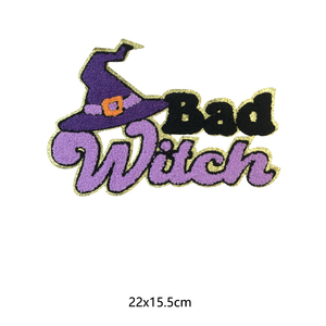 Parches de Halloween de chenilla grande con letras bordadas de hierro con purpurina dorada para bolsas de ropa - Product Image 3