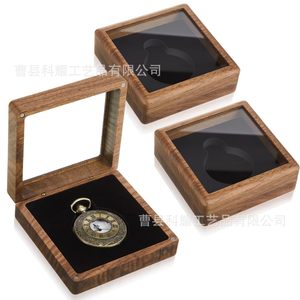 Wooden Pocket <b>Watch</b> Box Square Flip Top Transparent Glass Storage <b>Case</b> For <b>Watch</b> Coin Display - Product Image 5