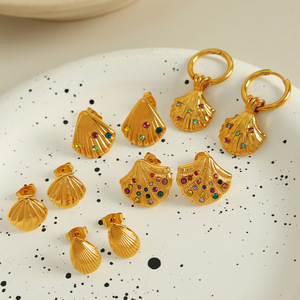 Gold Plated Shell <b>Stud</b> <b>Earrings</b> With Colorful Rhinestones For Women Fashion Jewelry - Product Image 1