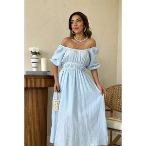 Wholesale Casual <b>Baby</b> Blue <b>Muslin</b> Linen Dress with Gathered Collar - Product Image 3