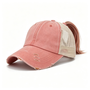 Casquette trucker pour femme avec ouverture pour queue de cheval, en coton délavé et usé, dos en maille, style Y2K, décontractée, pour l'extérieur, logo personnalisé - Product Image 6