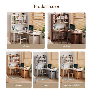घर के लिए सरल समायोज्य 7 आकार के डबल ऑफिस डेस्क, hutch और भंडारण बुकशेल्फ़ के साथ ठोस लकड़ी एल-आकार की लंबी लेखन डेस्क - Product Image 5