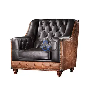 Cadeiras de sofá de couro, cadeiras de sofá com botão profundo antigo