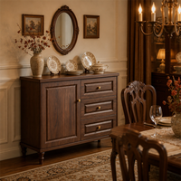 Buffet de rangement moderne avec portes vitrées doubles, poignée cloche unique, 3 tiroirs, en bois massif, autoportant, pour salon et salle à manger