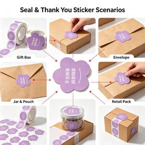 Etichette Adesive Trasparenti BOPP Personalizzate Antimanomissione con Scritta '<span class=keywords><strong>Grazie</strong></span>', Etichette Fustellate a Forma di Fiore <span class=keywords><strong>per</strong></span> Confezioni di Salviette Umidificate e Prodotti Igienici - Product Image 5
