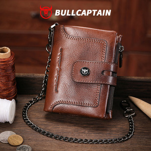 Portefeuille pour homme BULLCAPTAIN avec chaîne, en cuir véritable, blocage RFID, double fermeture éclair, poche à monnaie avec chaîne antivol - Product Image 1