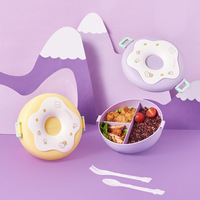 Boîte à lunch mignonne en forme de donut, grande capacité, 3 compartiments, compatible micro-ondes, portable pour étudiants et bébés, en PP, motif dessin animé