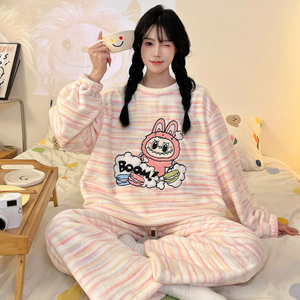 Pyjamas femmes hiver corail <span class=keywords><strong>polaire</strong></span> lâche extérieur portant chaud mignon pyjamas ensemble étudiant petit - Product Image 6