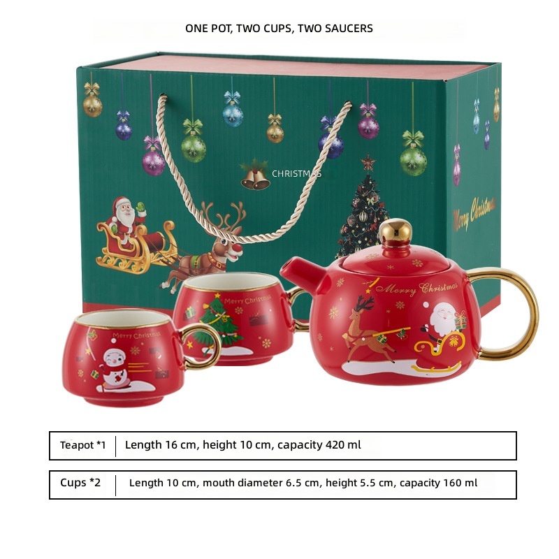 Bright red: one pot and two cups, gilded version
