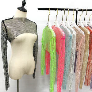 Débardeurs en cristaux pour femmes diamants voir si plage couvrir strass embellissements manches longues élastique maille <span class=keywords><strong>haut</strong></span> court - Product Image 2