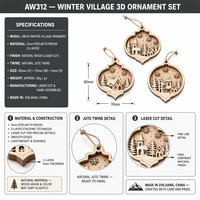 Ornement de Noël 3D découpé au laser |   Contreplaqué peuplier 2 mm, 3 couches, empilable |   Décoration de Noël suspendue pour arbre de village hivernal
