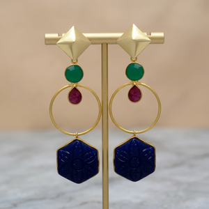 Nouvelle Arrivée Boucles d'Oreilles Pendantes Ethniques de Mariage et de Fiançailles en Onyx Vert et Rubis avec Clous en Diamant - Product Image 3