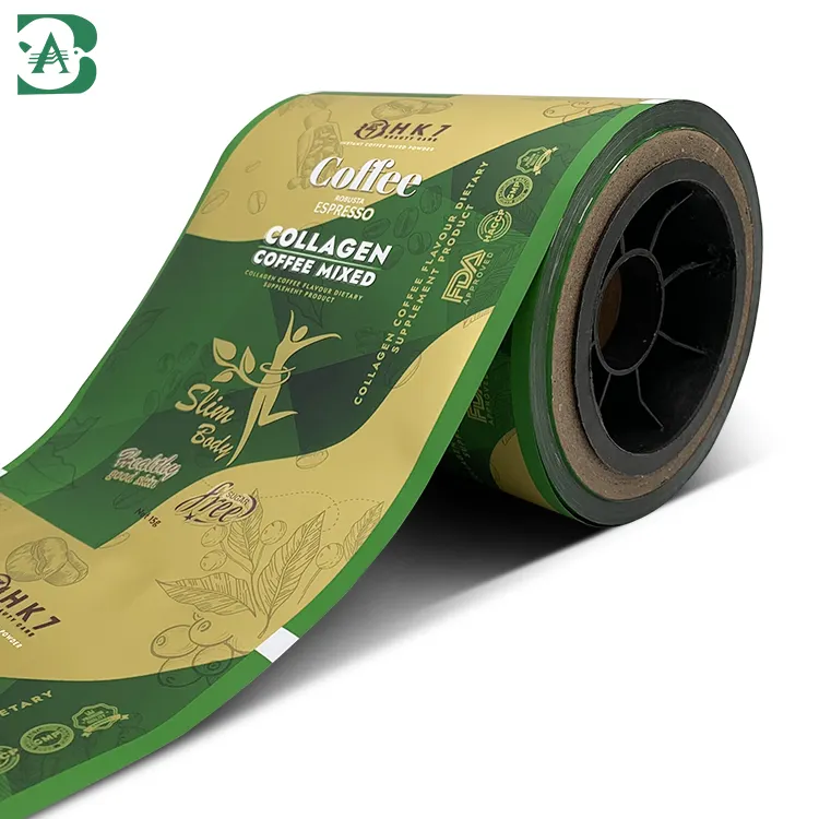 Película de embalaje de bolsita de café, rollo de embalaje de café impreso personalizado, película laminada de aluminio BOPP, película de rollo de mylar de sellado térmico