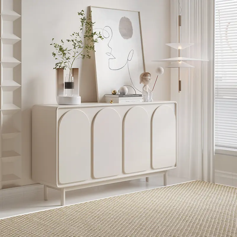 Cream wood sideboard simple solid wood storage cabinet French living room entrance cabinet