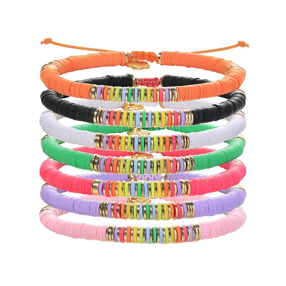 In Voorraad Regenboog Heishi Kralen Verstelbare Armband Zomer Strandsieraden Polymeer Klei Kraal Gevlochten Armband Voor Dames Meisjes