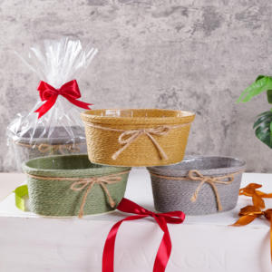 Basket Baskets Gift Gift Basket Oval Paper Rope Woven Basket With Plastic Pot With Bowknot As Flower Candy Storage Baskets And Gift Basket