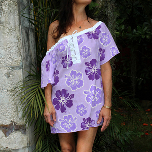 High-quality new fashionable Hawaiian print off-shoulder mini dress custom breathable <b>linen</b> dress - Product Image 1