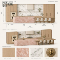 Meubles de cuisine modernes bio BEIMEI en chêne blanc naturel avec îlot cascade en onyx rose et table à manger intégrée, idéal pour villa et menuiseries.