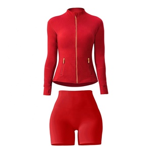 Custom Logo <strong>Jacket</strong> Yoga Pants High Quality Gym Sportswear Zipper Fitness Women <strong>Workout</strong> Sports <strong>Jacket</strong> With Shorts 2 Piece Set - Product Image 3