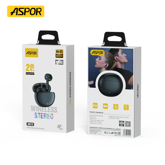Aspor A613 TWS Wireless Earbuds for 5.3 IPX4 Waterproof LED Battery Indicator 300mAh Type-C Charging Semi-in-Ear Design