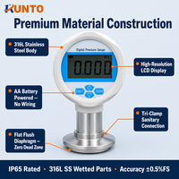 Manómetro Digital Sanitario de Acero Inoxidable 316L con Diafragma Plano, Conexión Tri-Clamp, IP65, Pantalla LCD, Precisión de 0.5%FS, Uso Higiénico