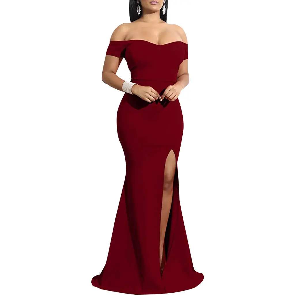 Womens Solid Off Shoulder High Split Long Formal Party Dress Evening Gown