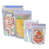Sacs en Mylar holographiques personnalisés, résistants aux enfants, étanches à l'humidité, pour emballage alimentaire, pochettes verticales avec fenêtre pour aliments pour animaux et lait