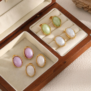 Pendientes ovalados de estilo retro a la moda con engaste de bisel para mujer, diseño geométrico, joyería de acero inoxidable - Product Image 2