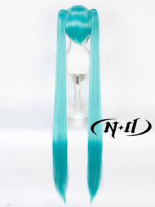 วิกผมคอสเพลย์ <span class=keywords><strong>Miku</strong></span> สำหรับงานปาร์ตี้ชุดอะนิเมะหางยาวตรงหางคู่หมวกไฟเบอร์สังเคราะห์ปรับได้สีฟ้า - Product Image 4