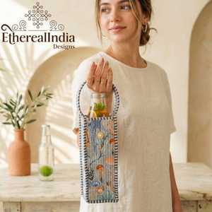 Hand Block Print Bottle <b>Bag</b> with Glass Bottle Quilted Cotton Water Bottle Carrier Reusable Gift Set - Product Image 3
